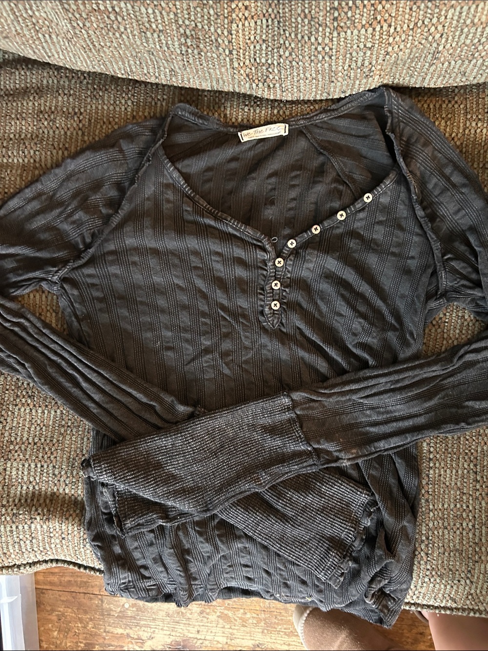 Free People Charcoal Ribbed Button Henley Long Sleeve Top